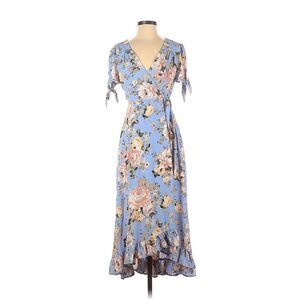 Miami Floral Midi Wrap dress Light Blue XS